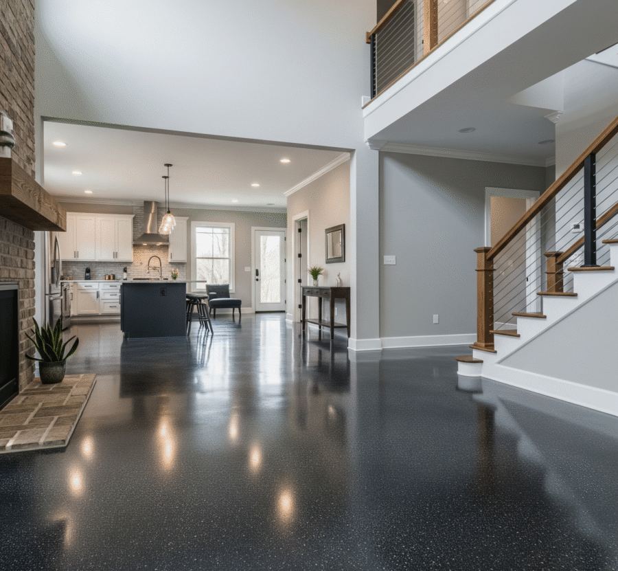 A modern Jackson, MS home boasts sleek, dark epoxy floors, providing a high-gloss, durable finish throughout its open living spaces by ICM Coating Masters