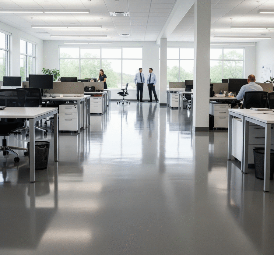 A spacious, modern office in Mississippi features a glossy, light gray epoxy floor reflecting overhead lights, with desks and a few people visible by ICM Coating Masters