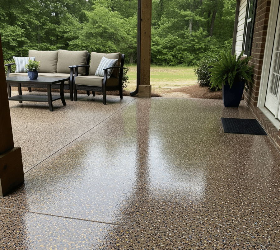 A wet patio with a speckled epoxy flake coating, featuring outdoor furniture and surrounded by lush greenery in Mississippi by ICM Coating Masters