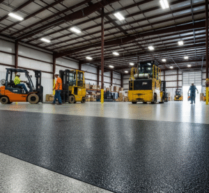 A large Mississippi warehouse features a dark, textured, slip-resistant epoxy floor with forklifts and workers present by ICM Coating Masters