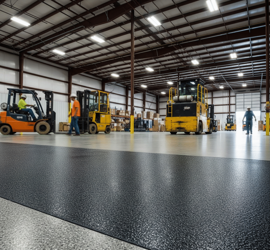 A large Mississippi warehouse features a dark, textured, slip-resistant epoxy floor with forklifts and workers present by ICM Coating Masters