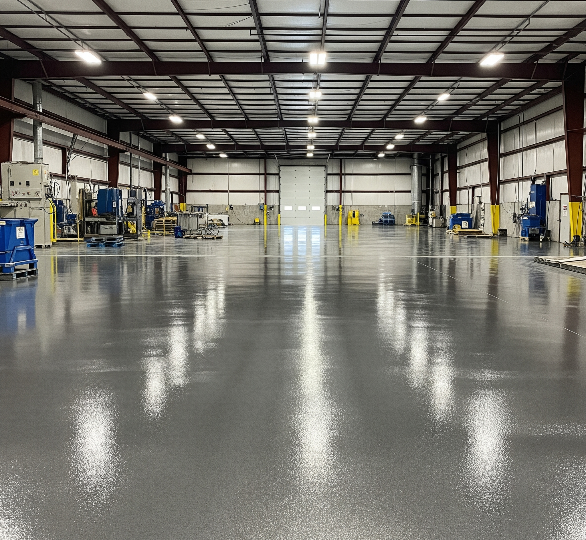 A grey, reflective epoxy-coated floor stretches across a large, empty warehouse with high ceilings and industrial lighting in Mississippi by ICM Coating Masters