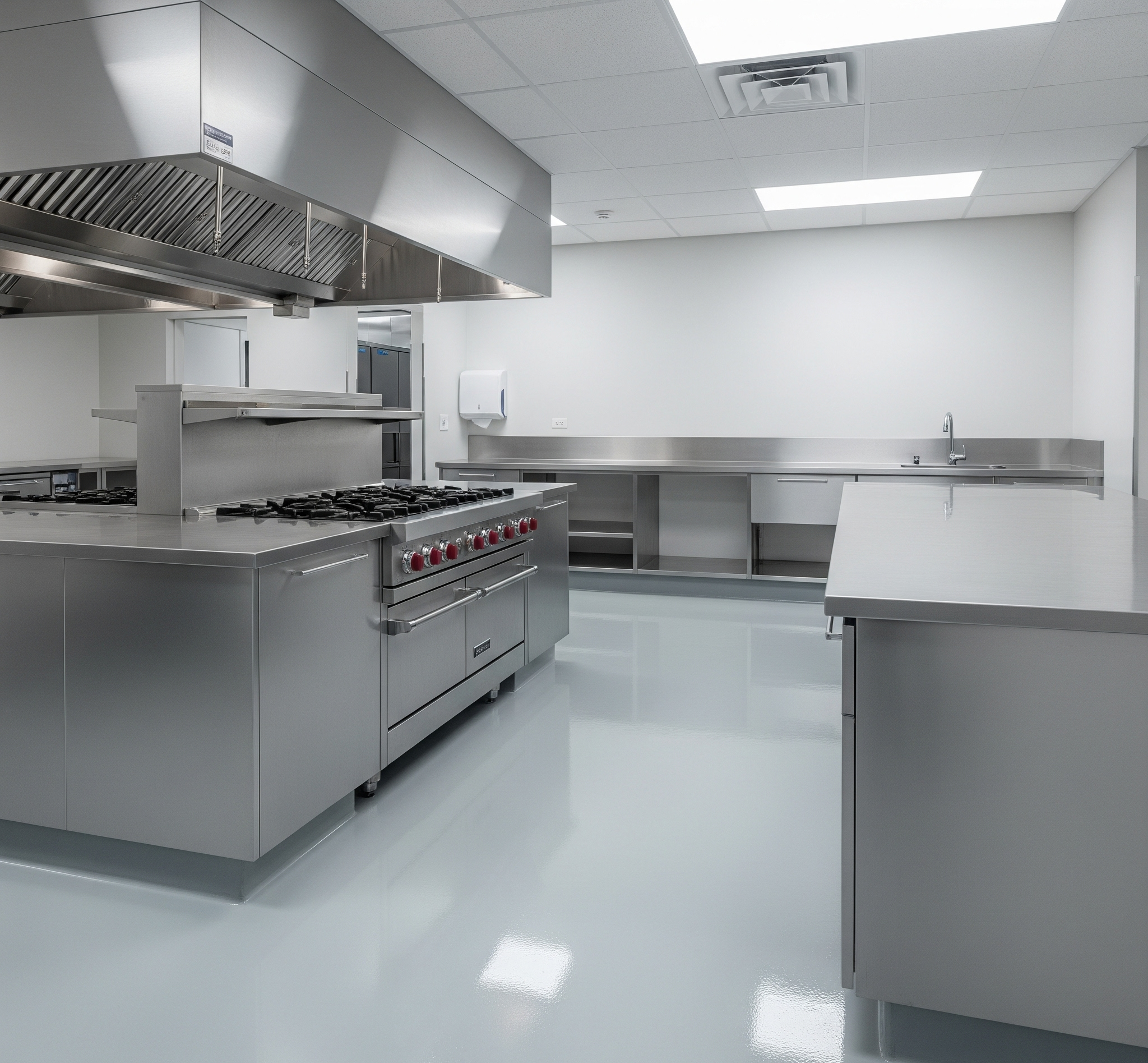 A pristine commercial kitchen in Ellisville features gleaming light gray epoxy floors, complementing its stainless steel equipment for a clean and efficient workspace by ICM Coating Masters