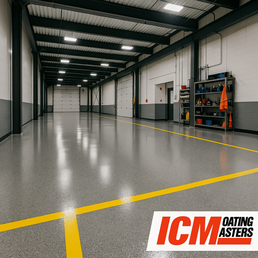 A coated warehouse/shop floor with bright lighting, emphasizing durability in humid conditions.
