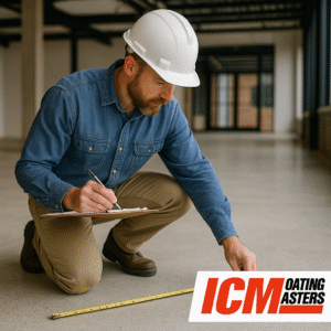 A contractor measuring or quoting a commercial floor with coatings