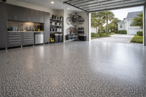 Polyaspartic flake garage floor coating in a clean Mississippi residential garage.
