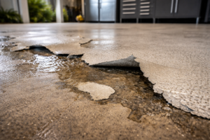 Peeling epoxy floor coating caused by moisture damage on concrete surface.