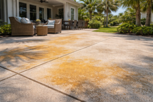 Faded and yellowed outdoor epoxy coating on Mississippi patio concrete surface.