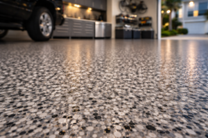 Close-up of polyaspartic flake coating on a Mississippi garage floor with glossy finish.