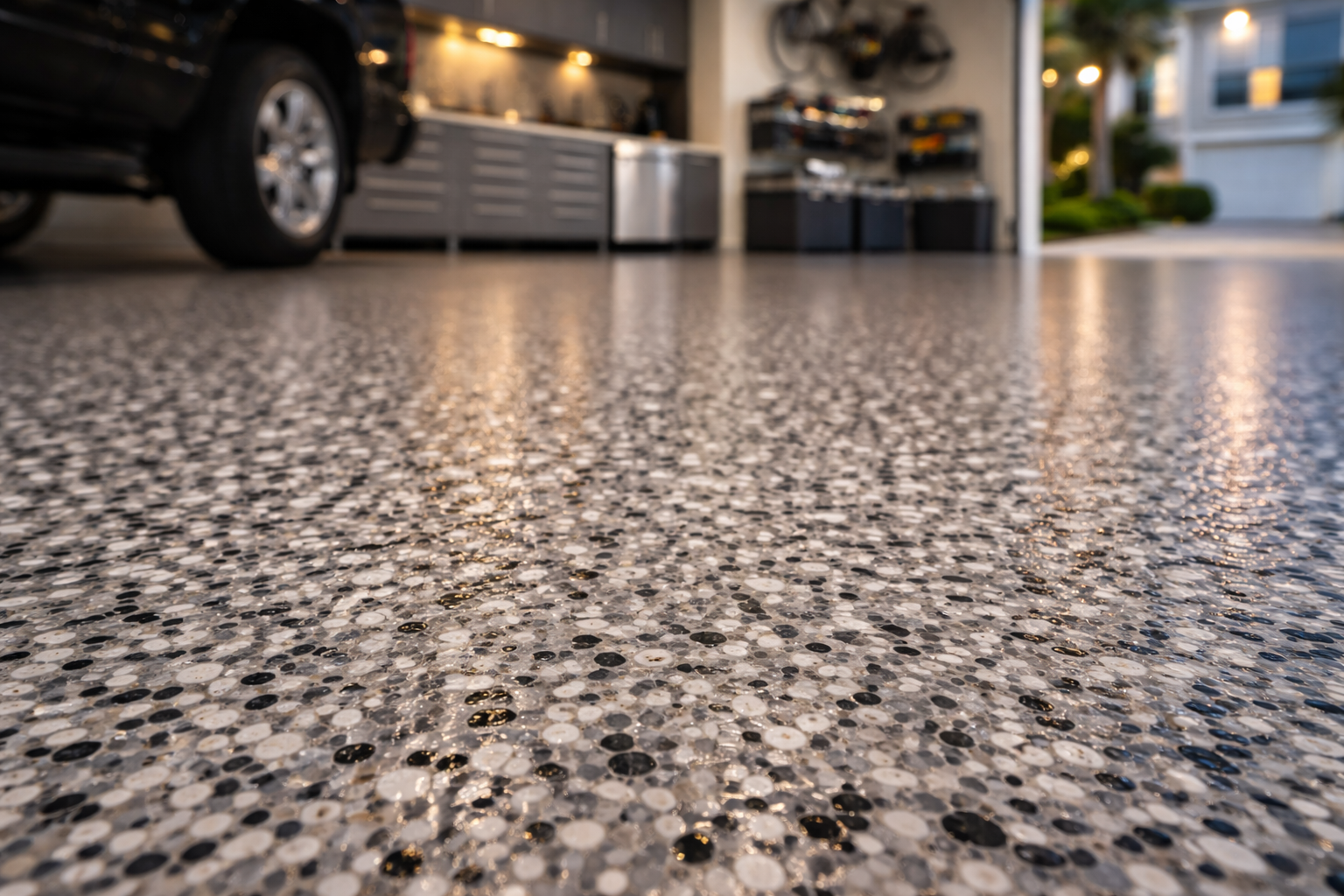 Close-up of polyaspartic flake coating on a Mississippi garage floor with glossy finish.