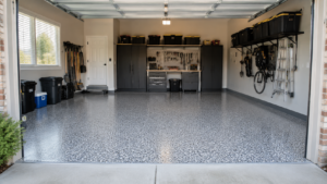 Durable coated concrete patio on a Mississippi Gulf Coast home with outdoor seating and waterfront view.