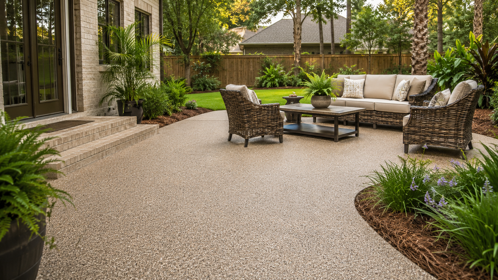 Mississippi backyard patio with durable coated concrete, outdoor seating, and warm Gulf Coast greenery.