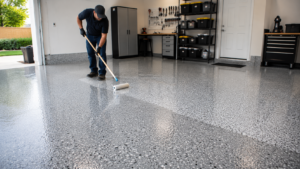 Installer applying a protective topcoat over a gray decorative flake garage floor coating.