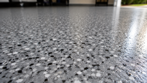 Close-up of a durable decorative flake garage floor coating with a protective finish built for everyday use.