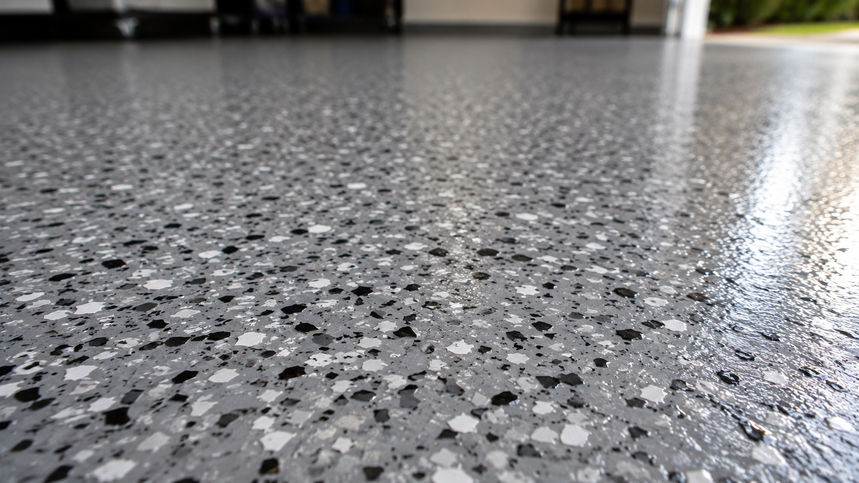 Close-up of a durable decorative flake garage floor coating with a protective finish built for everyday use.