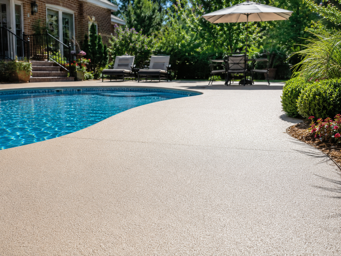 Residential backyard pool with a light-colored coated pool deck, lounge seating, and sunny landscaping on a hot summer day.