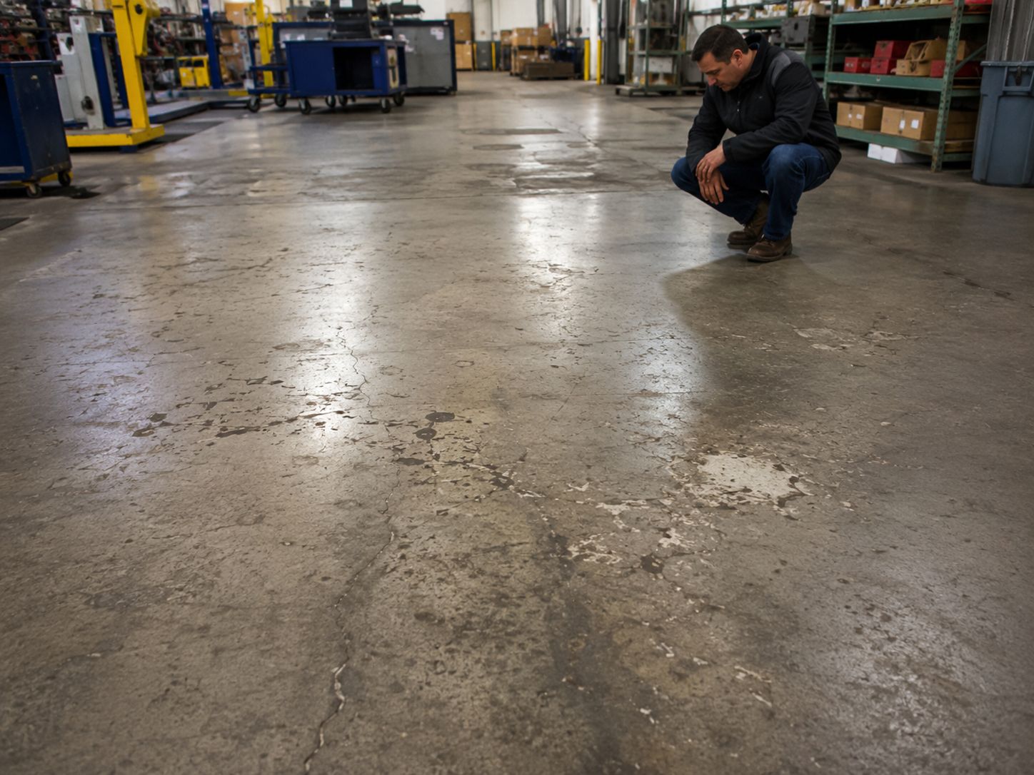 Worn commercial concrete floor with cracks, stains, and surface damage being inspected in an industrial workspace.