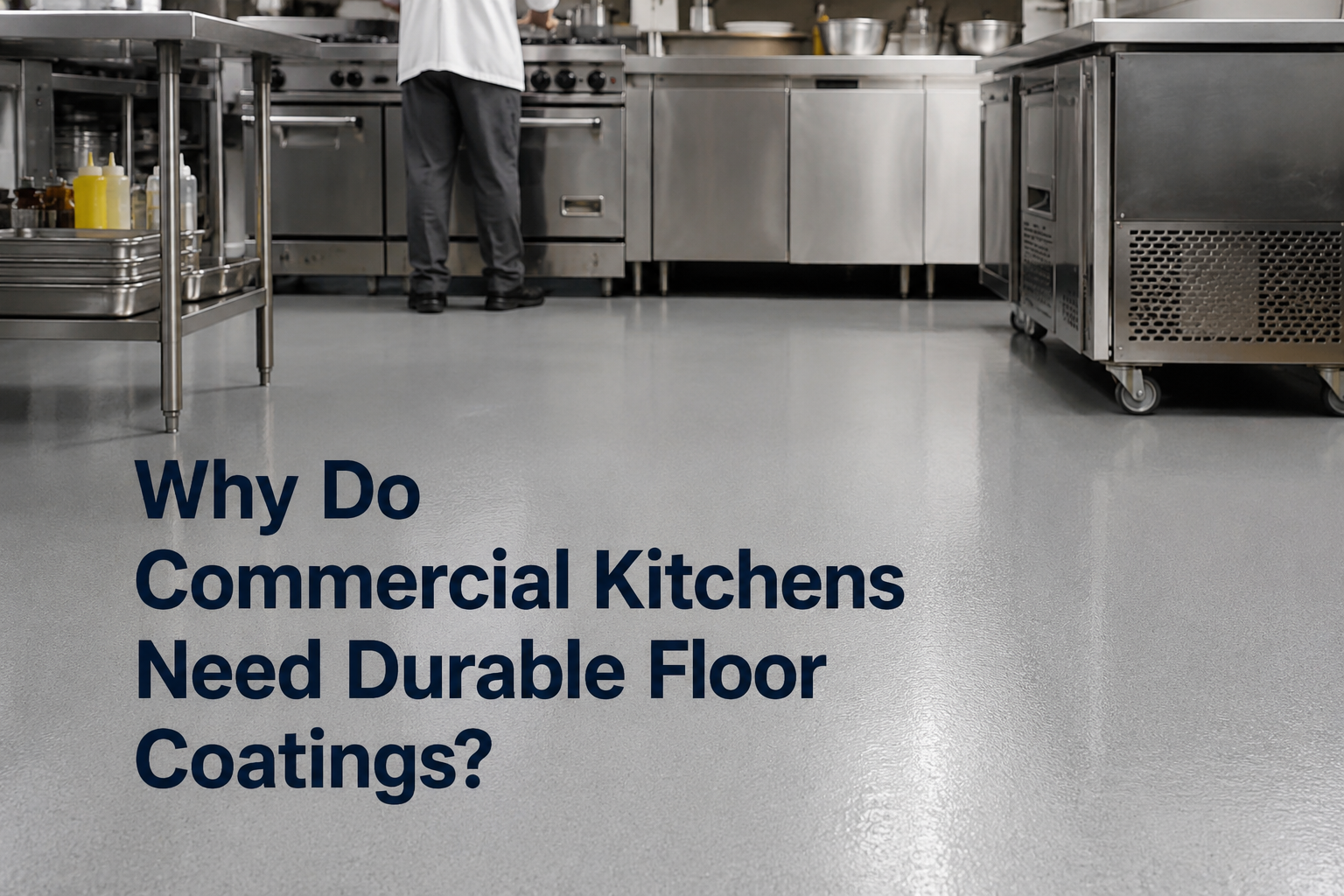 Commercial kitchen with stainless steel equipment and a durable coated concrete floor highlighting floor coating benefits.