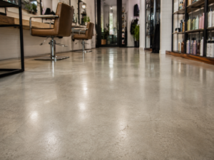 Close-up of a polished concrete floor coating inside a modern salon, highlighting a smooth, easy-to-clean surface with styling chairs and product shelves in the background.